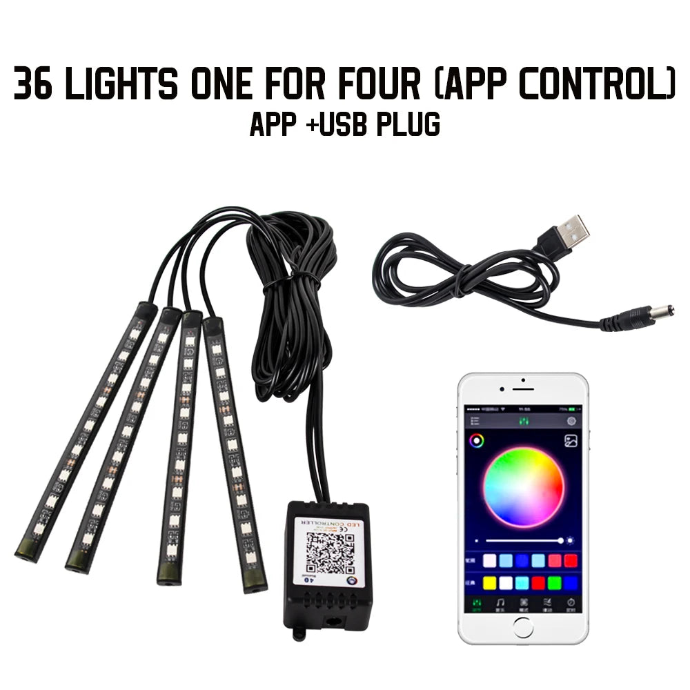 RGB Car Interior LED Ambient Light – Music Sync, App & Remote Control